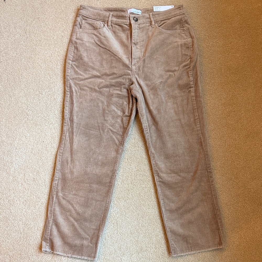 NWT LOFT Women's Tan Corduroy Cropped Pants with fringe hem
